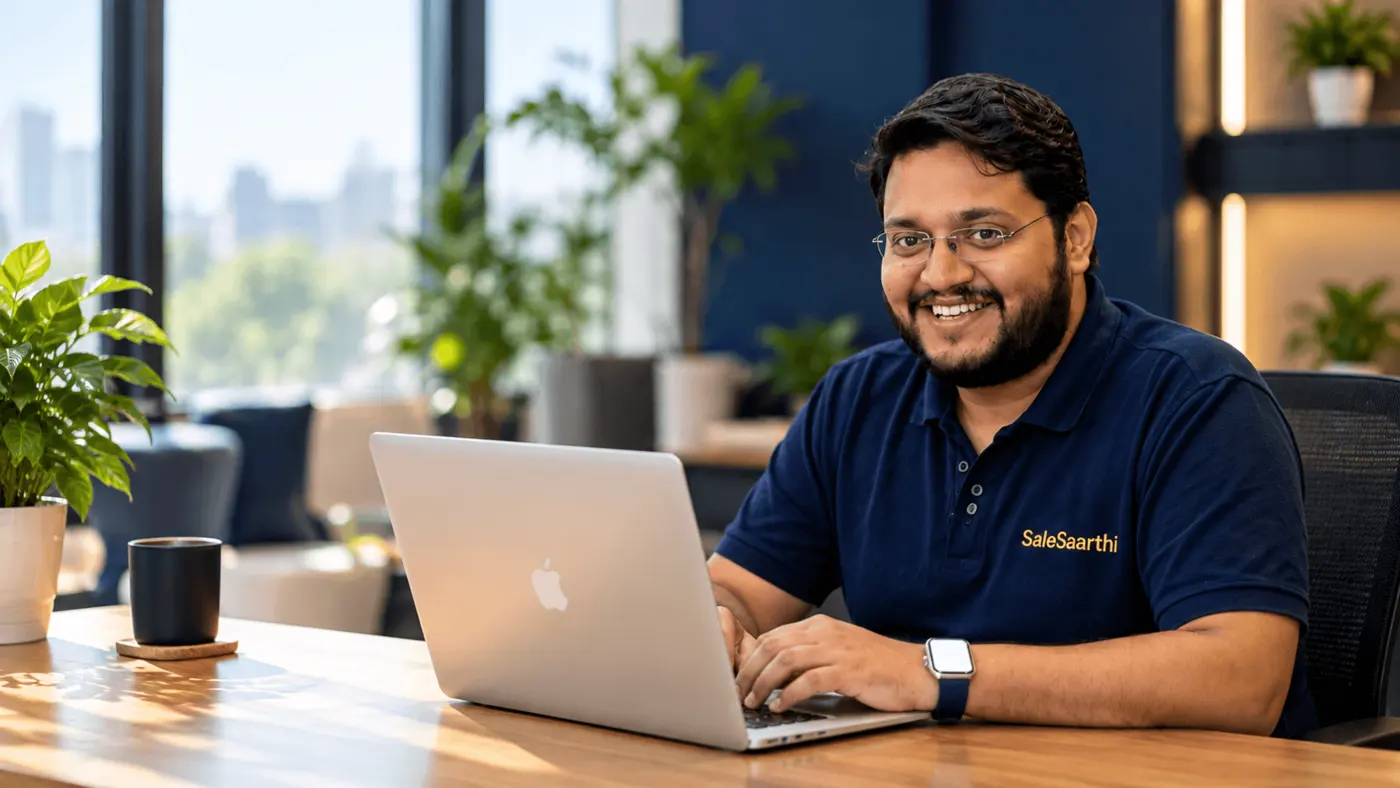 Vivek Sharma in a navy SaleSaarthi polo at a desk in a modern office