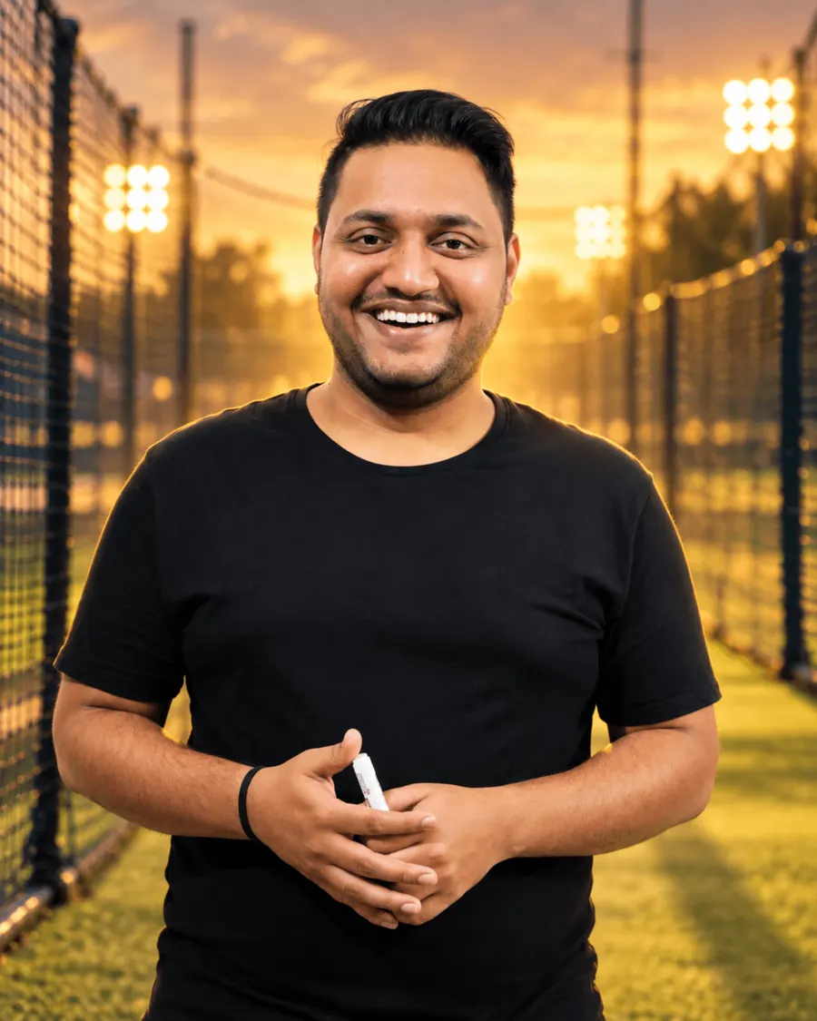 Coach Vivek Sharma at the cricket nets at golden hour